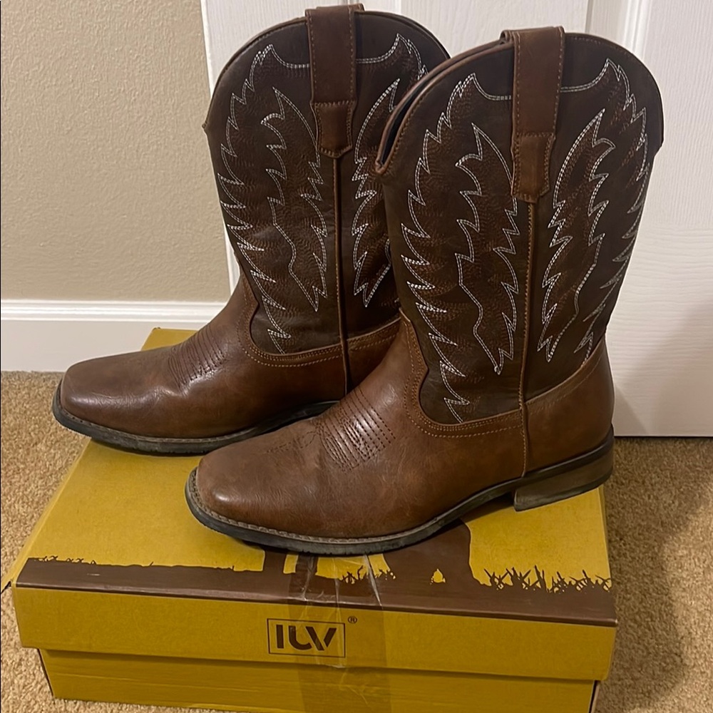 Brown Leather Cowboy Boots with Stitching